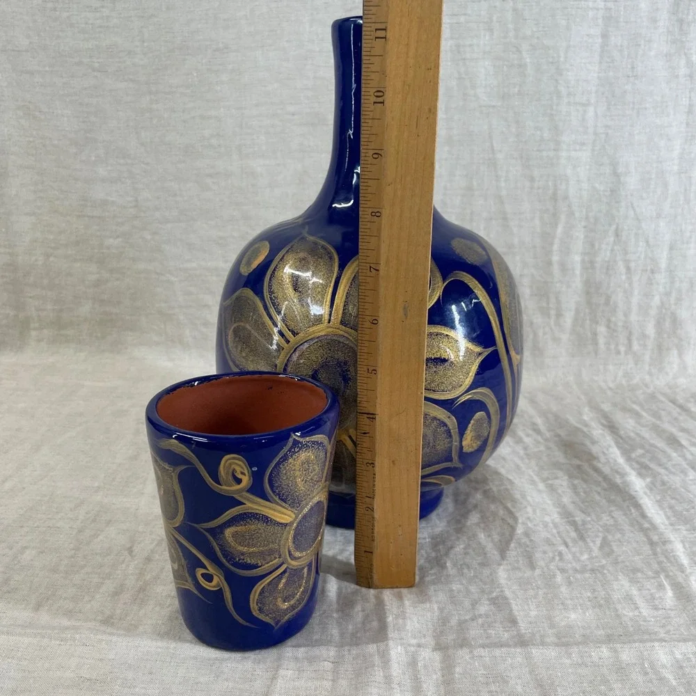 Cobalt Blue Gold Floral Tonala Bedside Water Carafe Ceramic Vase Eclectic Decor